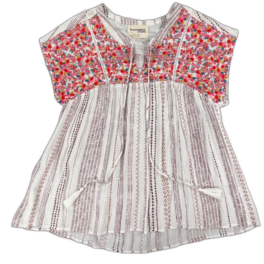 Savanna Jane Floral Embroidered Striped Tassel Peasant Blouse S White Boho Top
